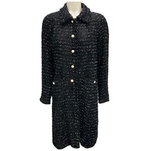 EDWARD ACHOUR BLACK / WHITE PEARL BUTTONED MID LENGTH TWEED COAT